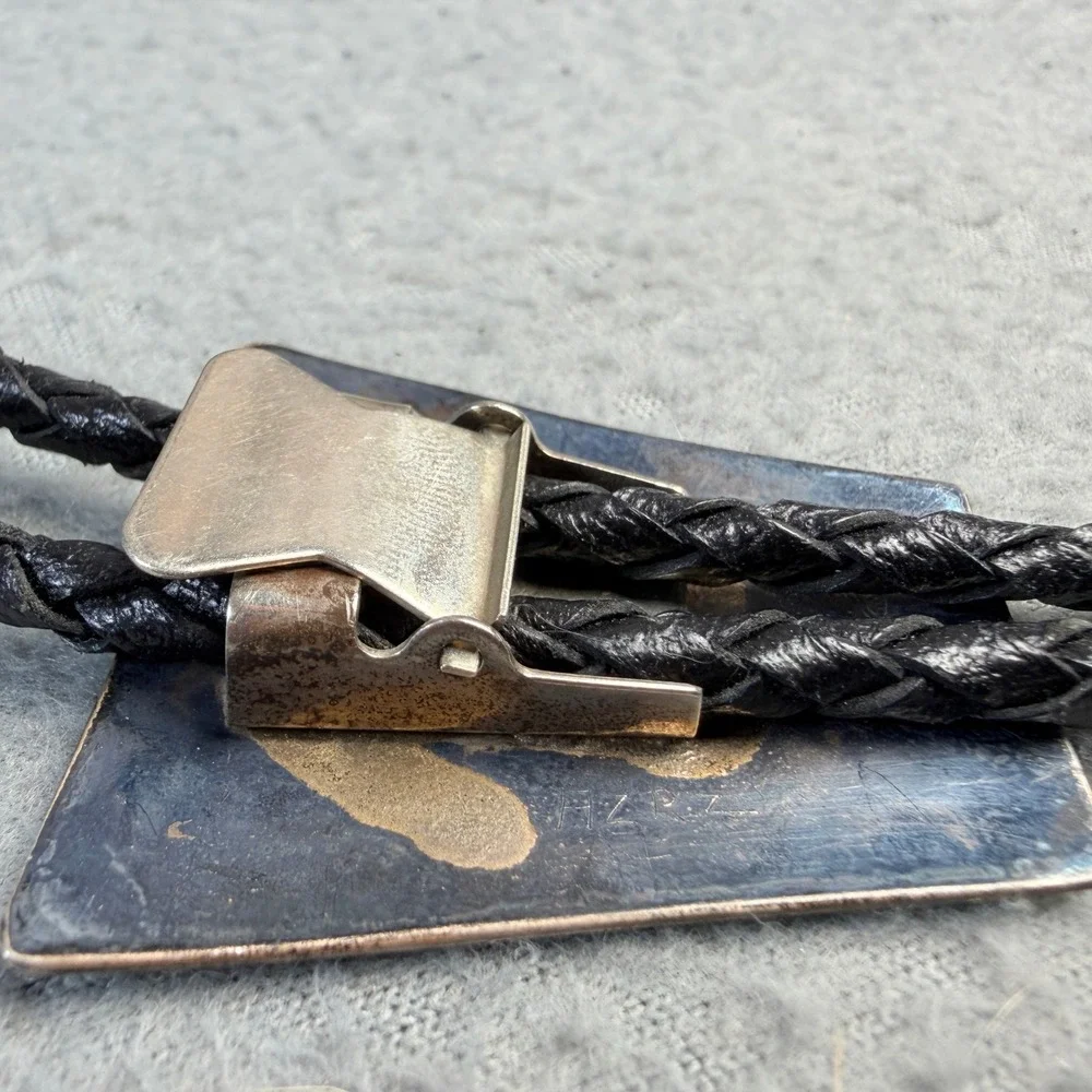 Vintage Hopi Sterling Silver Overlay Turtle Bolo Tie Braided Black Leather Tie